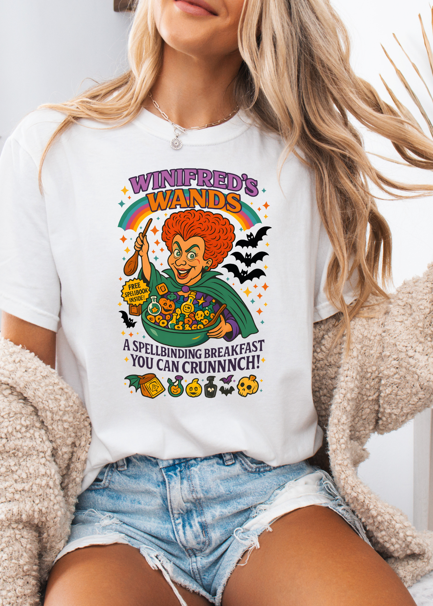 Person wearing a white t-shirt with a colorful graphic design featuring a character and text.