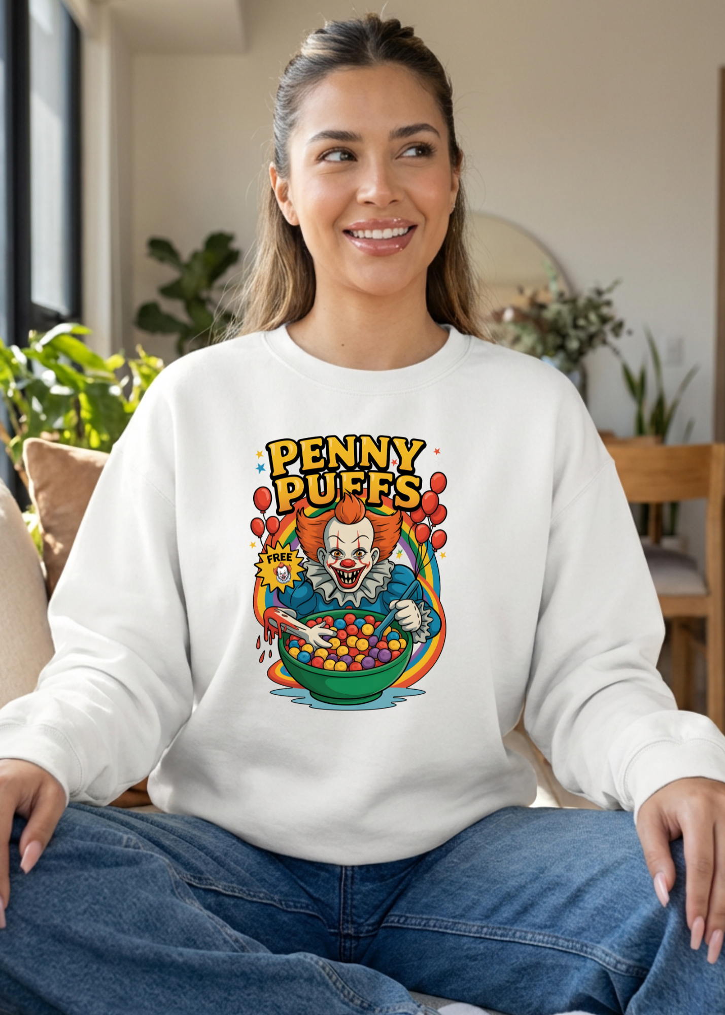 Woman wearing a white sweatshirt with a colorful graphic design sitting in a room with plants and furniture.