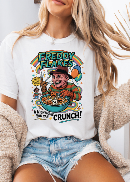 Person wearing a white t-shirt with a colorful graphic design featuring Freddy Flakes cereal.