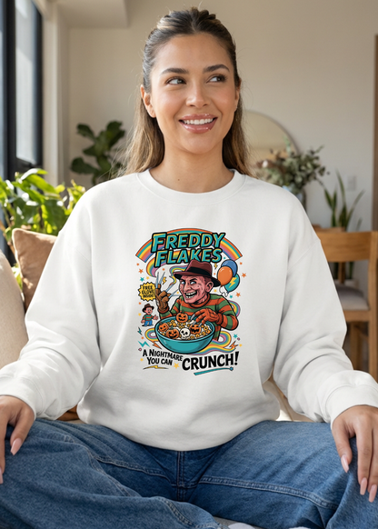 Woman wearing a white sweatshirt with 'Freddy Flakes' graphic design sitting in a room with plants and furniture.