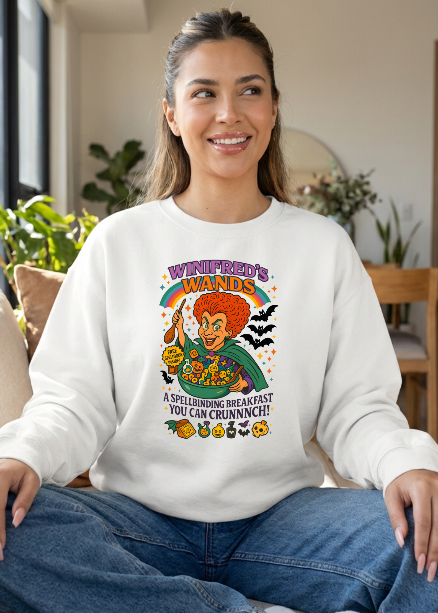 Woman wearing a white sweatshirt with a colorful graphic design sitting in a room with plants and furniture.