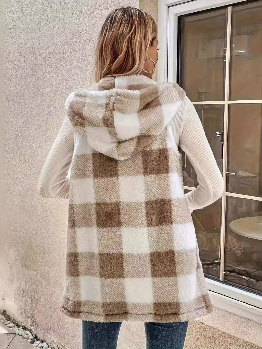 PREORDER: Cozy Cabin Fuzzy Plaid Hooded Vest Coat