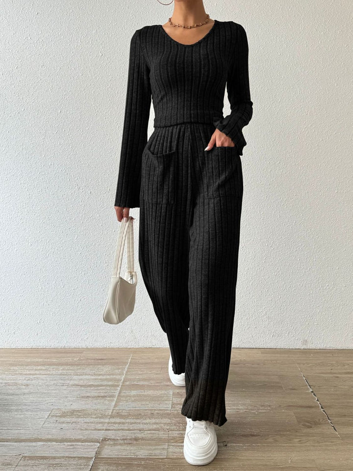 PREORDER: Megan Ribbed V-Neck Long Sleeve Top and Pocketed Pants Set