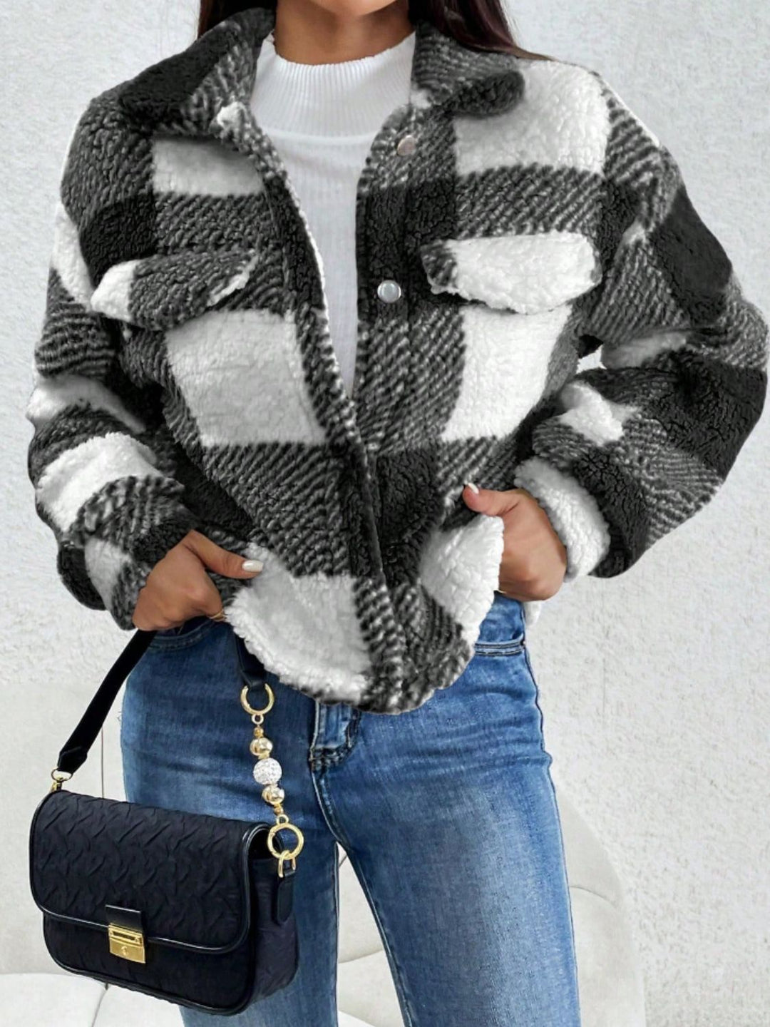 PREORDER: Stylish Statement Decorative Pocket Flap Plaid Long Sleeve Jacket