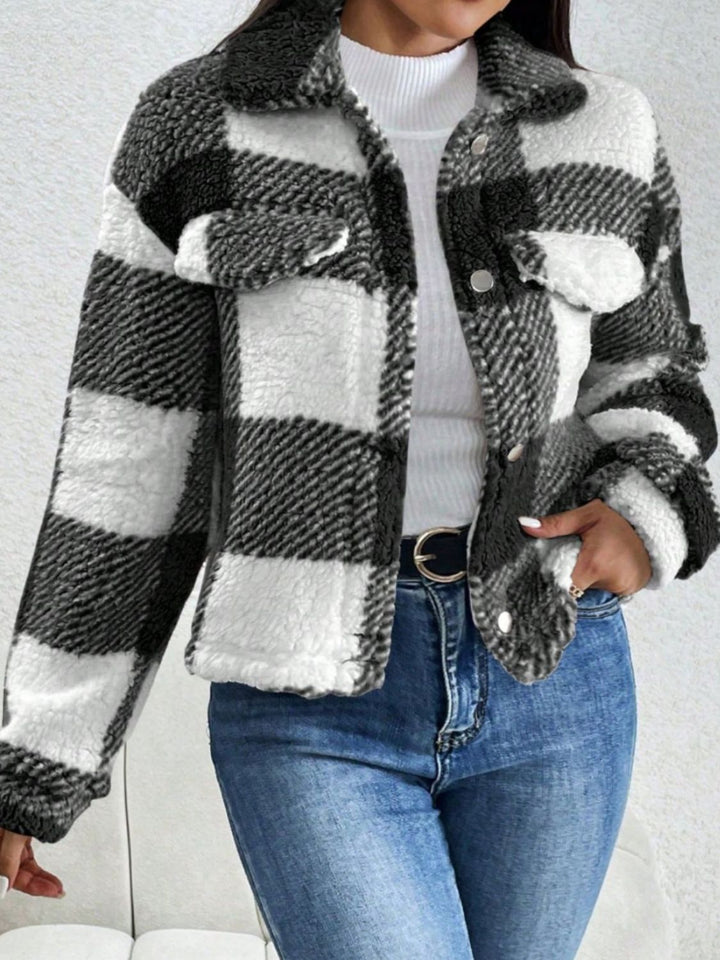 PREORDER: Stylish Statement Decorative Pocket Flap Plaid Long Sleeve Jacket