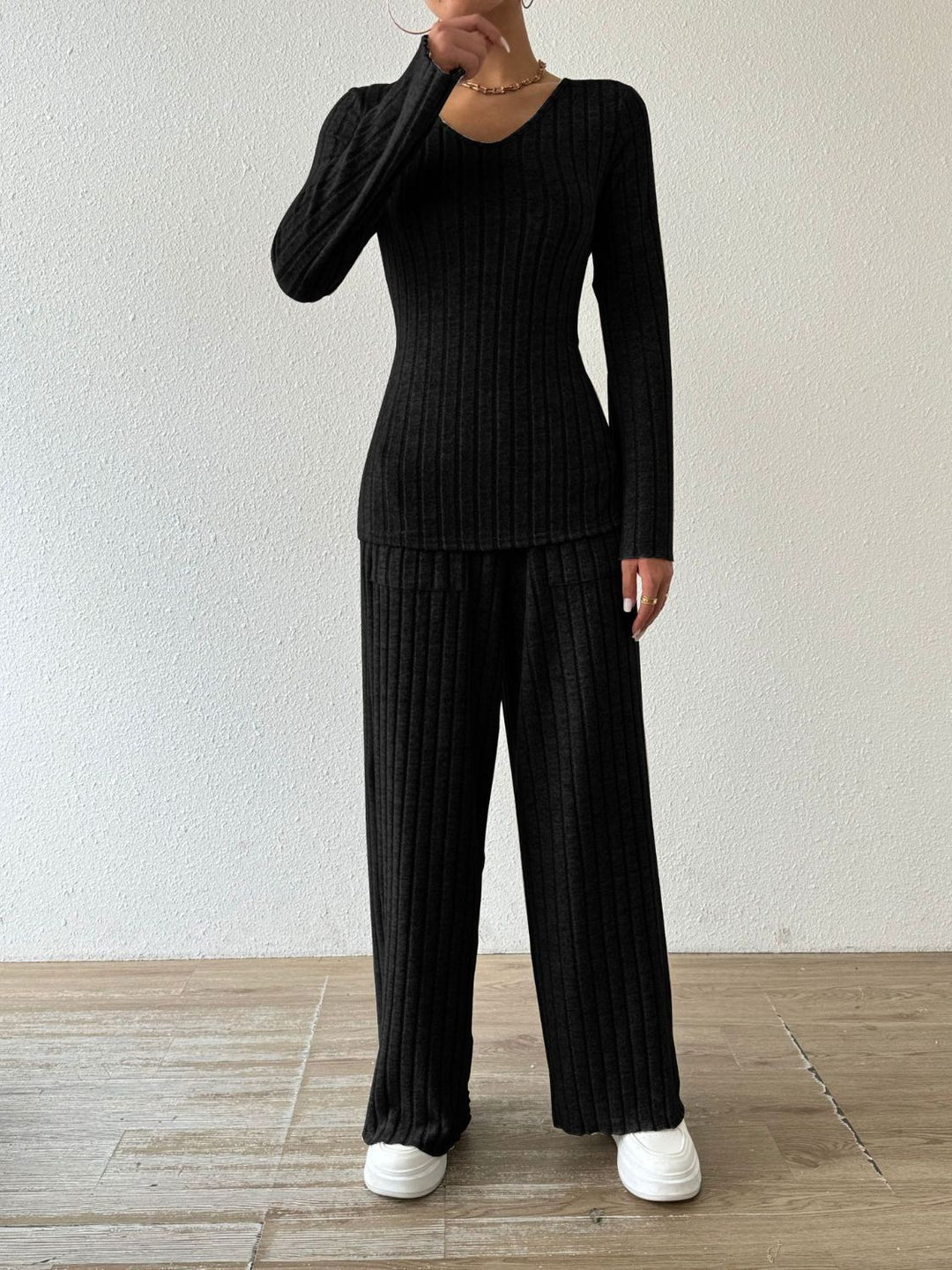 PREORDER: Megan Ribbed V-Neck Long Sleeve Top and Pocketed Pants Set