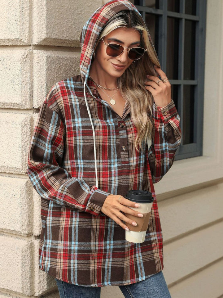 PREORDER: Darcy Drawstring Plaid Hooded Long Sleeve Top