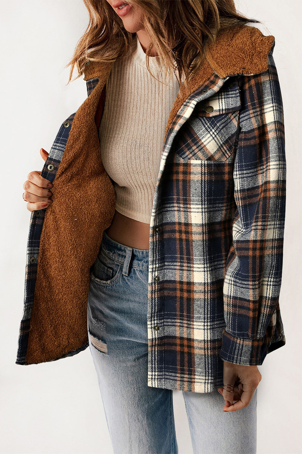 PREORDER: Cozy Goals Plaid Snap Down Hooded Jacket