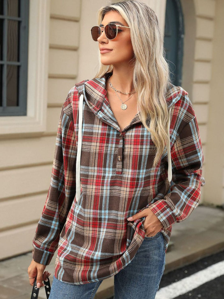 PREORDER: Darcy Drawstring Plaid Hooded Long Sleeve Top