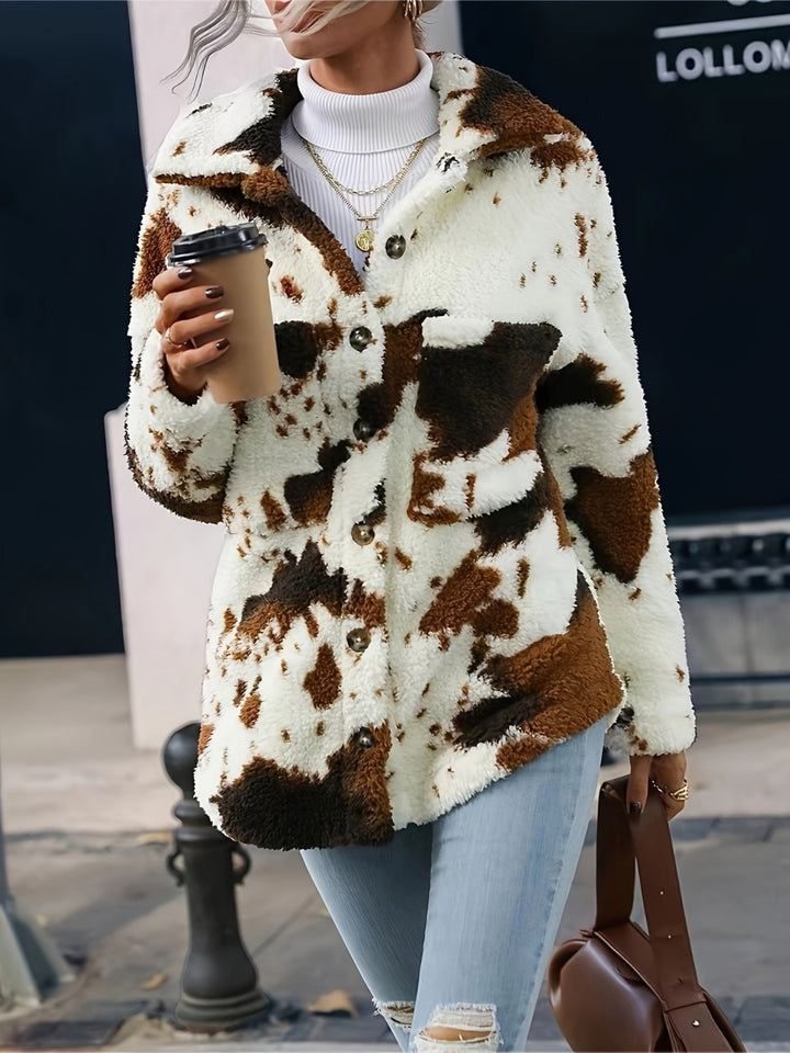 PREORDER: Cow Print Collared Neck Button Up Fuzzy Jacket