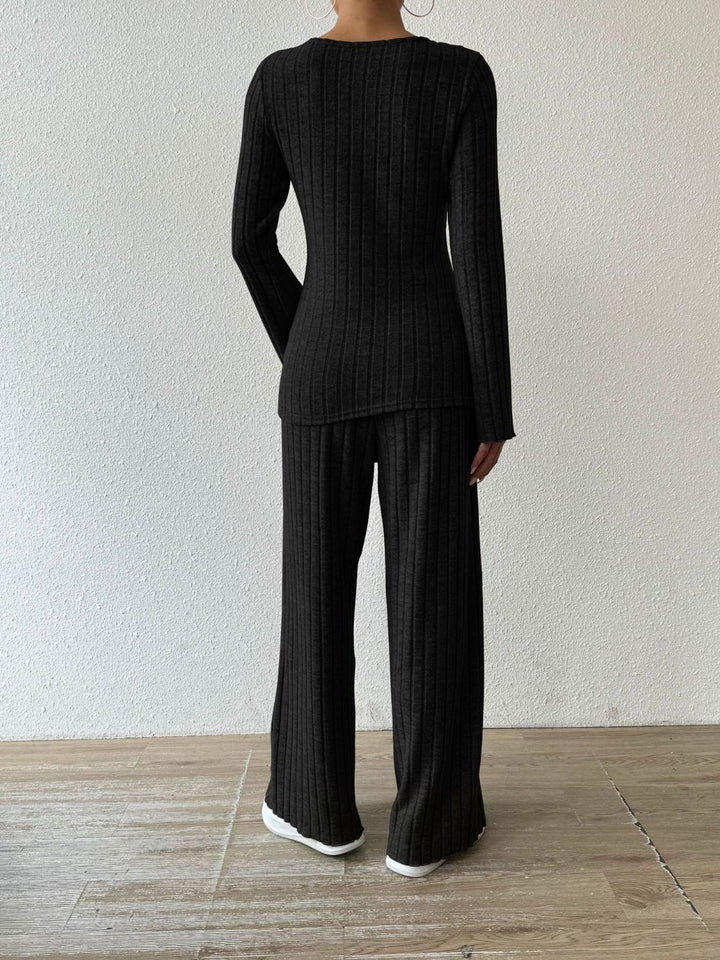 PREORDER: Megan Ribbed V-Neck Long Sleeve Top and Pocketed Pants Set