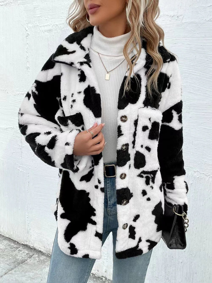 PREORDER: Cow Print Collared Neck Button Up Fuzzy Jacket