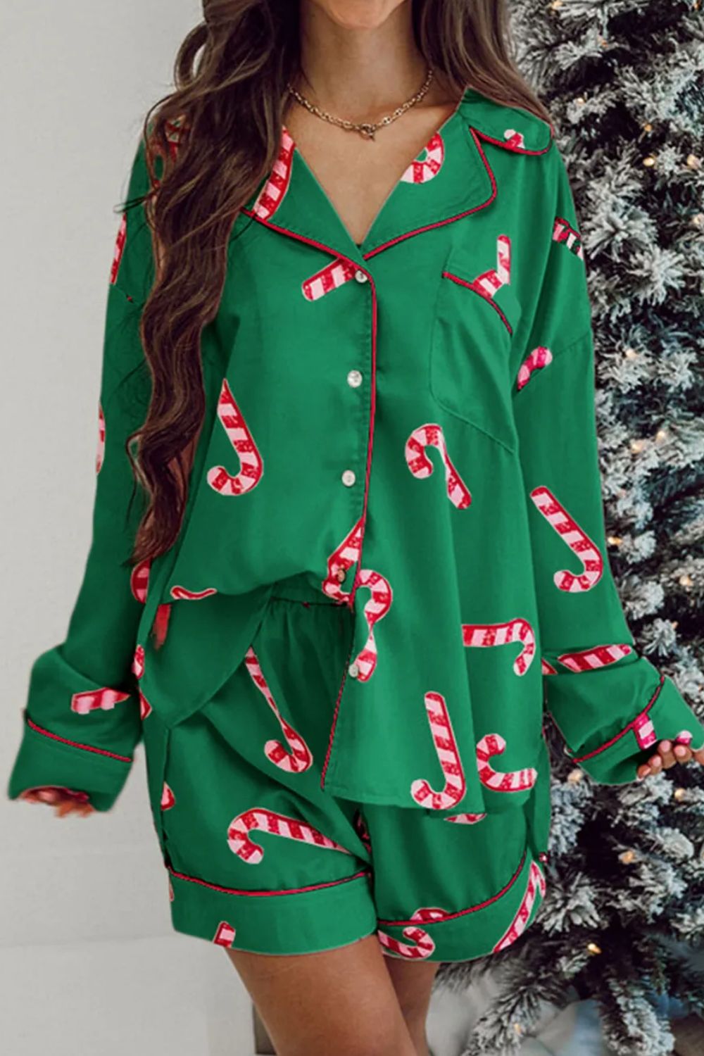 PREORDER: Peppermint Cozy Candy Cane Collared Neck Long Sleeve Top and Shorts Lounge Set