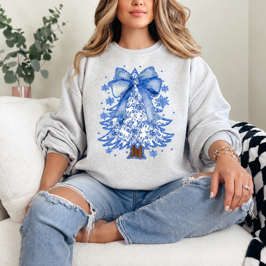 Blue Coquette Christmas Tree Graphic — Ash Heather Grey Crewneck