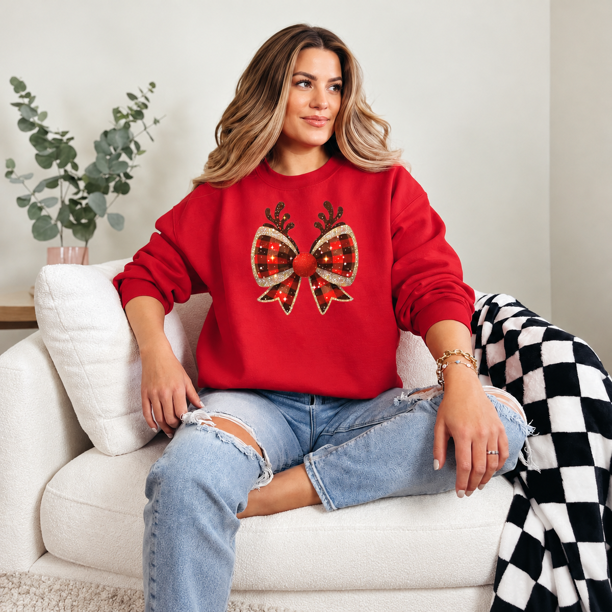 Buffalo Plaid Reindeer Bow Graphic — Red Crewneck