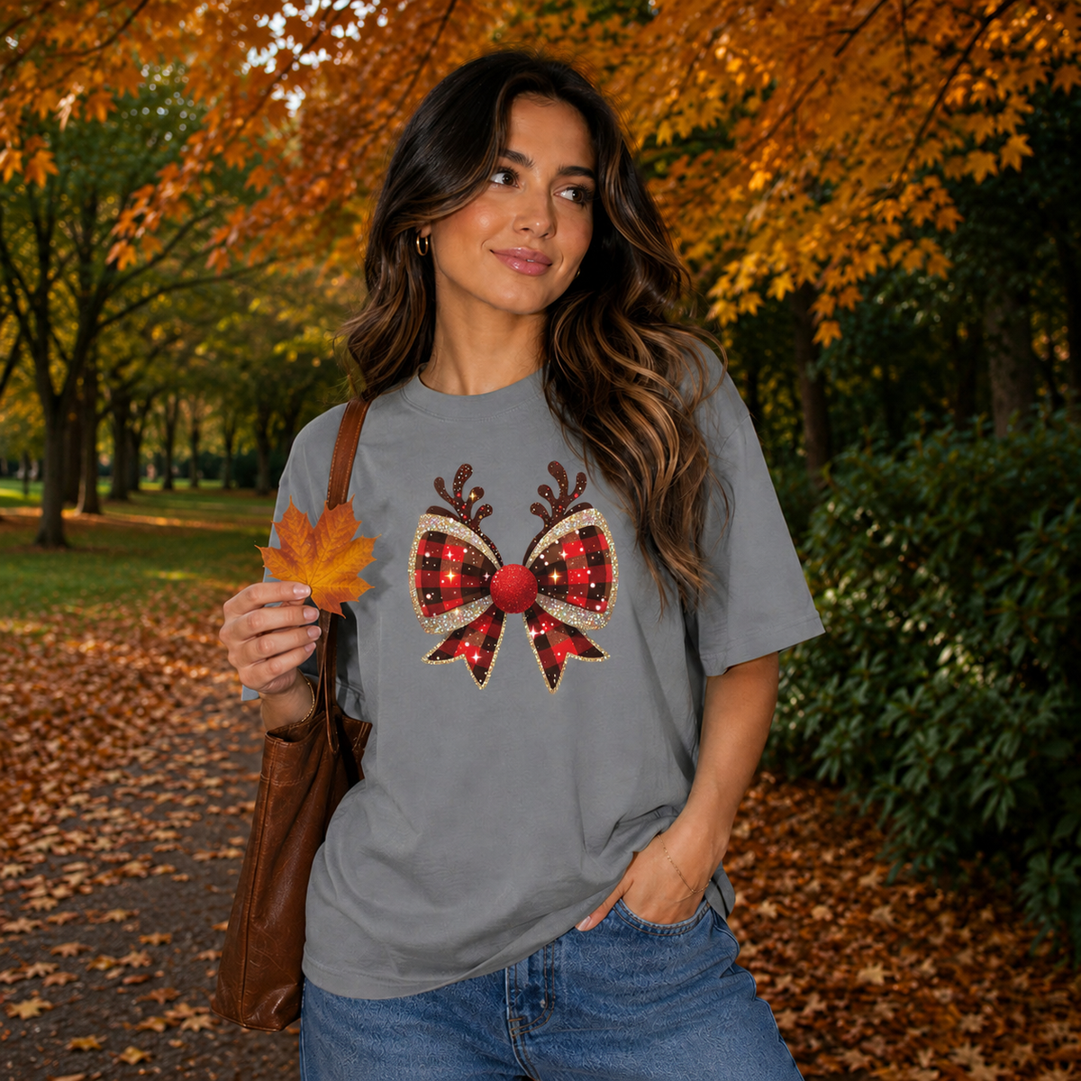Buffalo Plaid Reindeer Bow Graphic — Grey T-Shirt