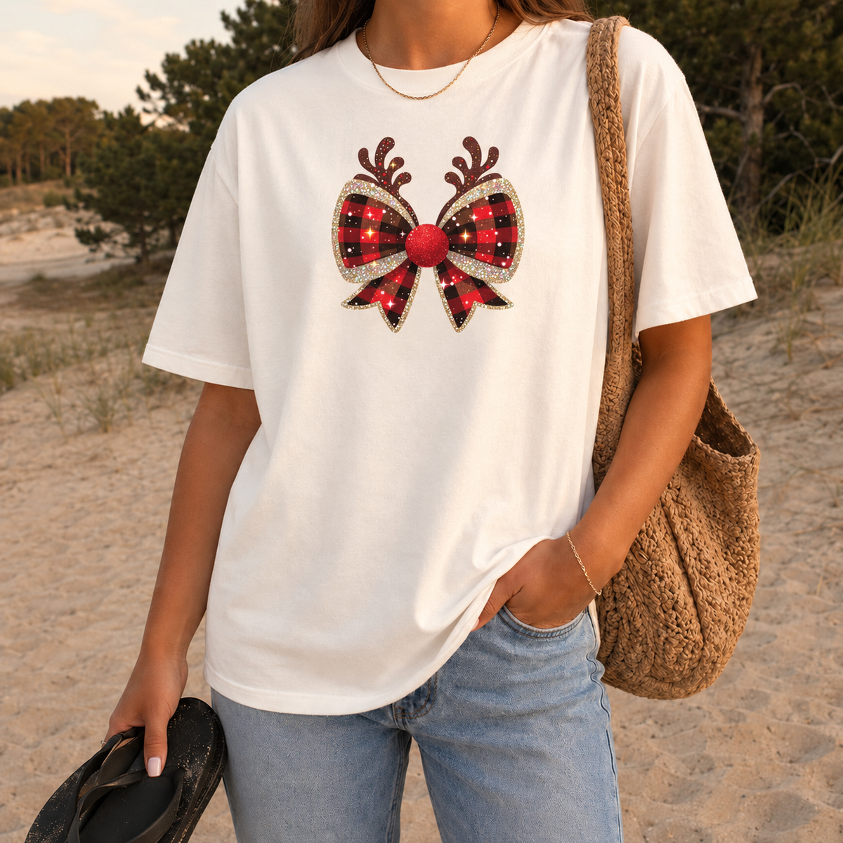 Buffalo Plaid Reindeer Bow Graphic — Ivory T-Shirt