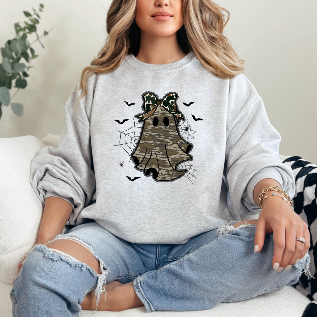 Camo Bow Boo Graphic - Ash/Heather Grey Crewneck on model