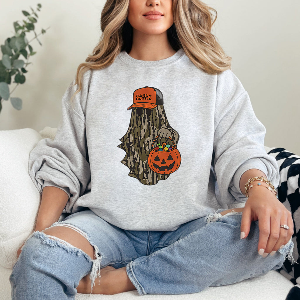 Candy Hunter Camo Ghost Graphic - Ash/Heather Grey Crewneck on model