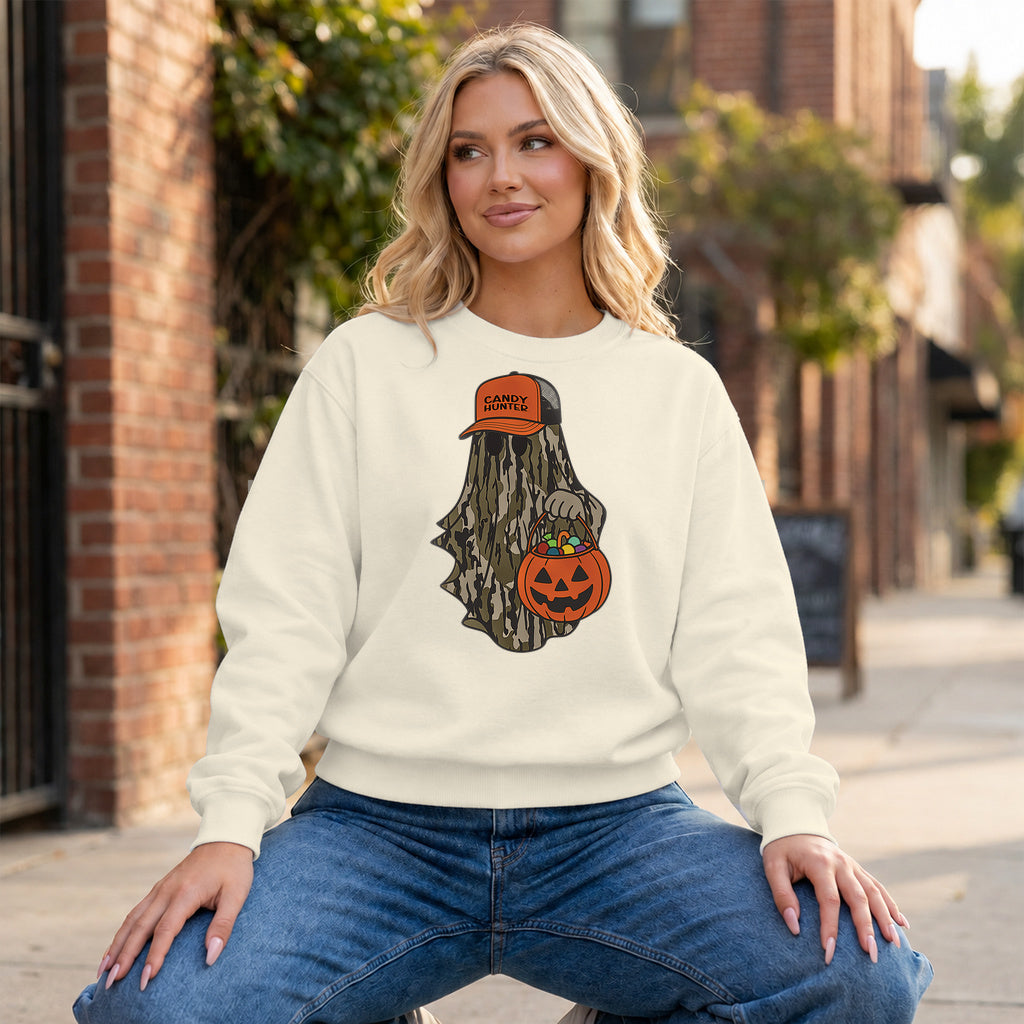 Candy Hunter Camo Ghost Graphic - Ivory Crewneck on model