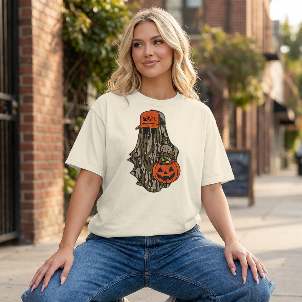 Candy Hunter Camo Ghost Graphic - Ivory T-Shirt on model