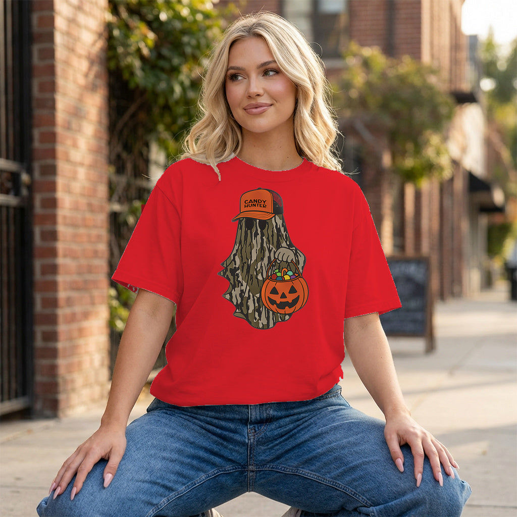 Candy Hunter Camo Ghost Graphic - Red T-Shirt on model