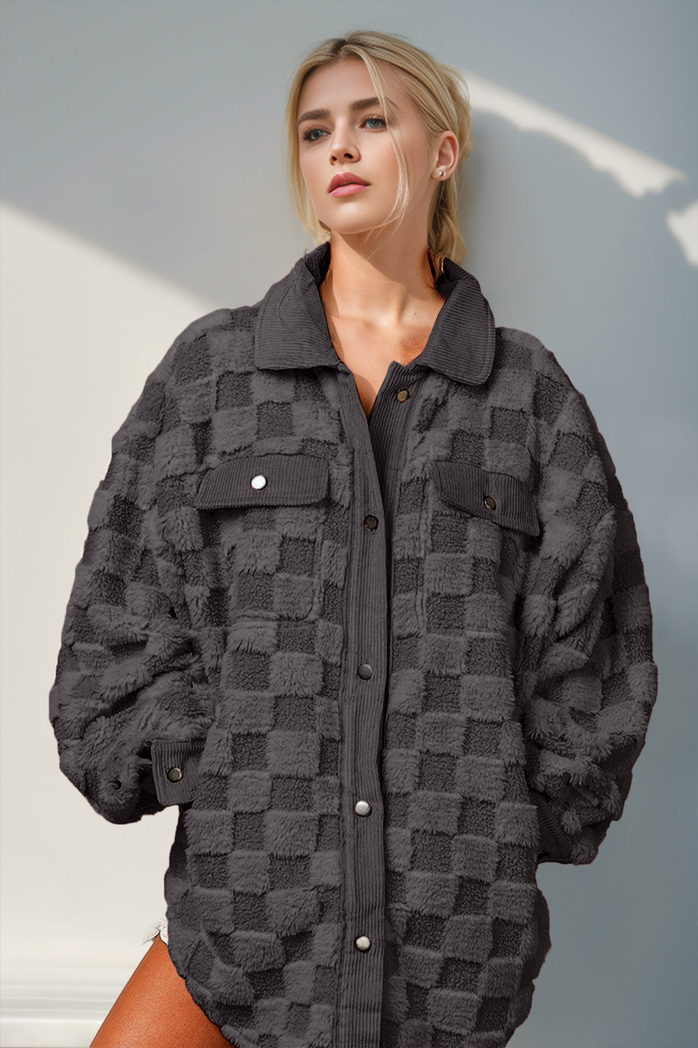 PREORDER: Warm Embrace Button Up Fuzzy Checkered Shacket