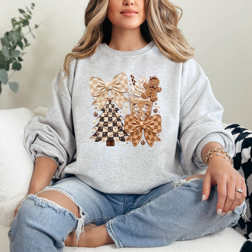 Checkerboard Christmas Collage Graphic - Ash/Heather Grey Crewneck on model