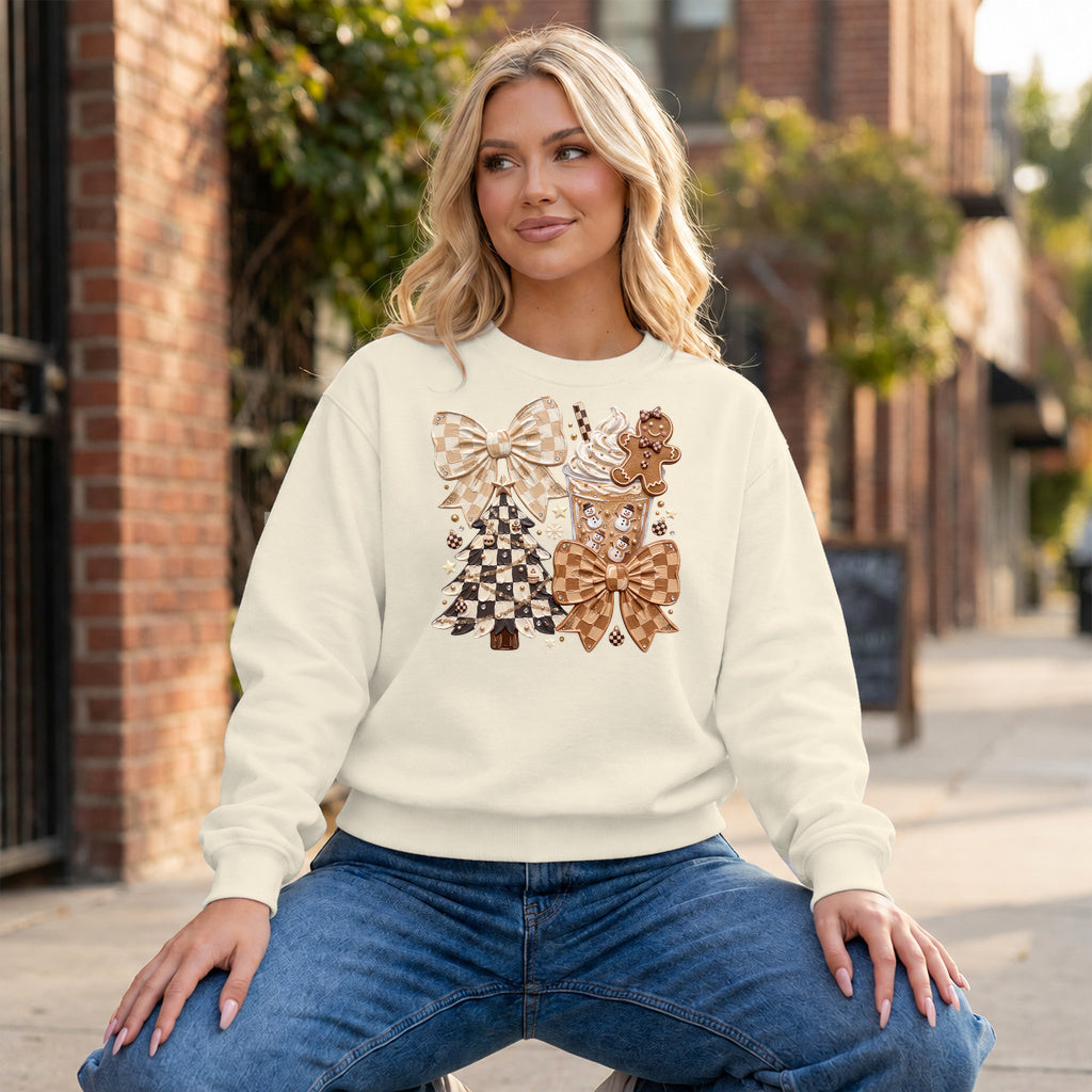 Checkerboard Christmas Collage Graphic - Ivory Crewneck on model