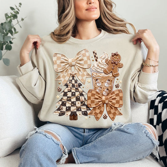 Checkerboard Christmas Collage Graphic — Sand Crewneck
