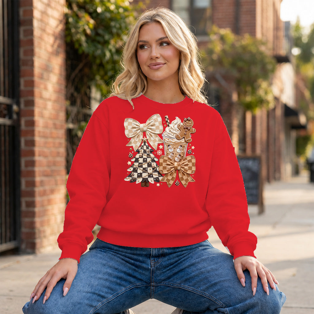 Checkerboard Christmas Collage Graphic - Red Crewneck on model