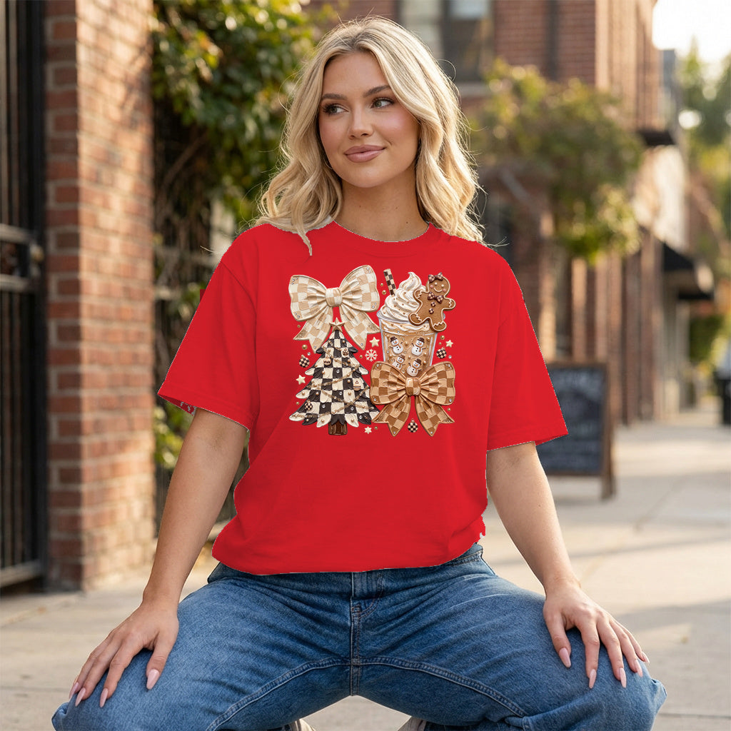 Checkerboard Christmas Collage Graphic - Red T-Shirt on model