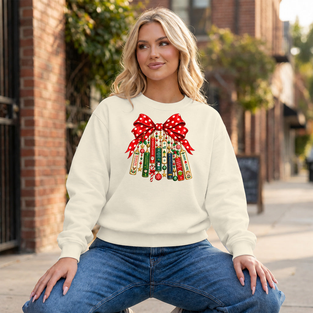 Christmas Book Bow Ornaments Graphic - Ivory Crewneck on model
