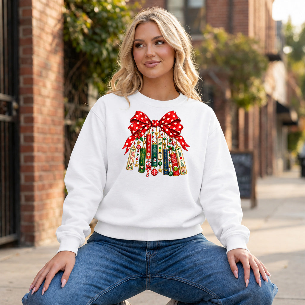 Christmas Book Bow Ornaments Graphic - White Crewneck on model