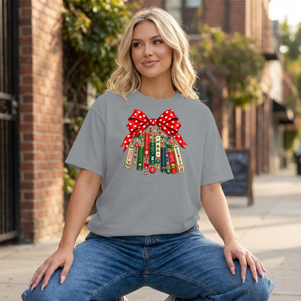 Christmas Book Bow Ornaments Graphic - Grey T-Shirt on model