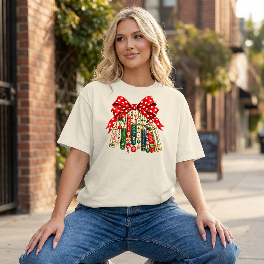 Christmas Book Bow Ornaments Graphic - Ivory T-Shirt on model