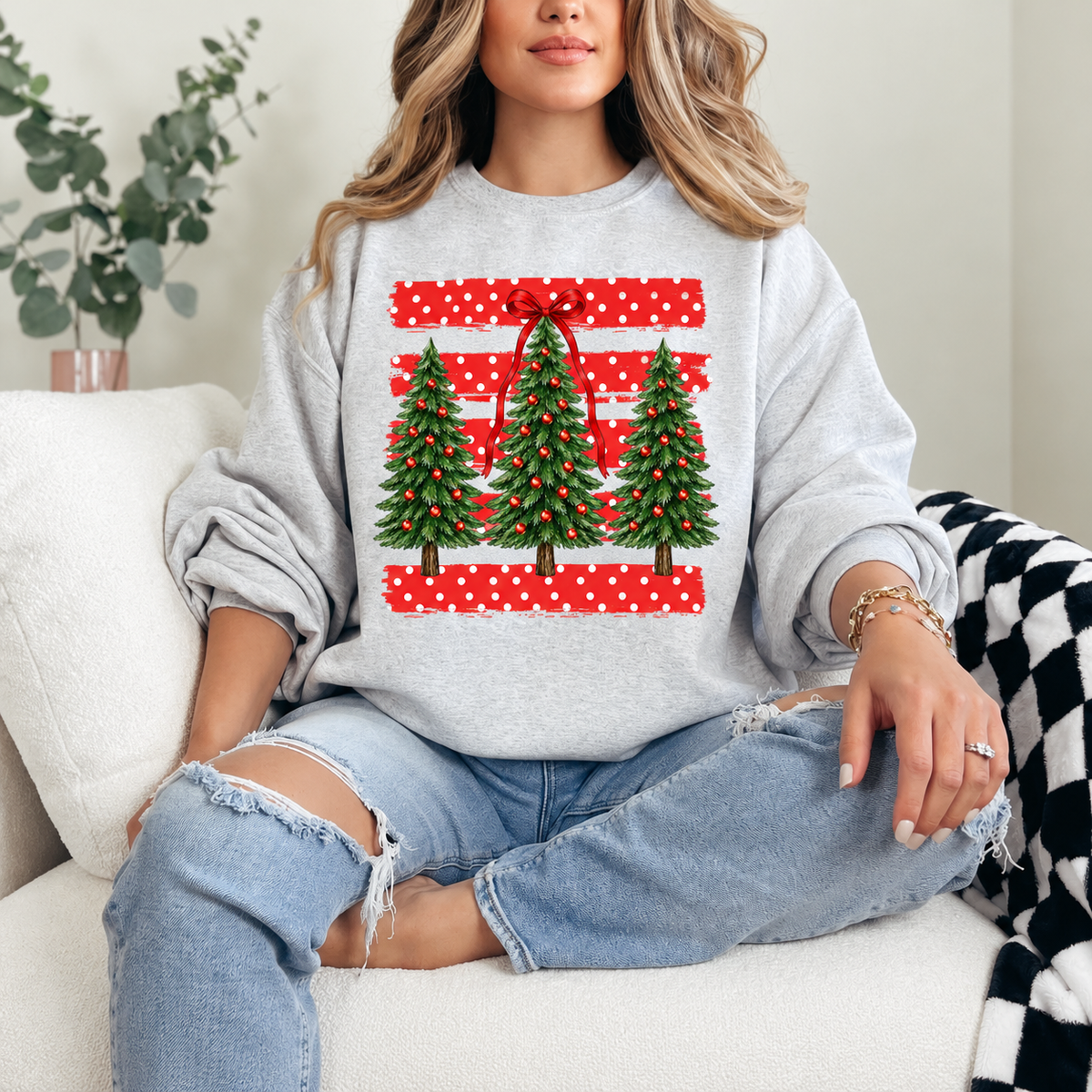Christmas Tree Trio Red Polka Dots Graphic — Ash Heather Grey Crewneck