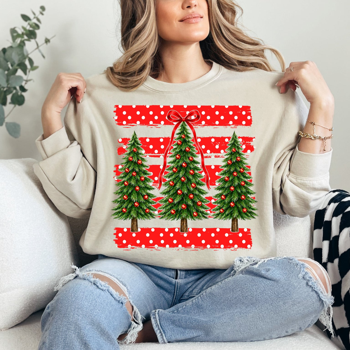 Christmas Tree Trio Red Polka Dots Graphic — Sand Crewneck