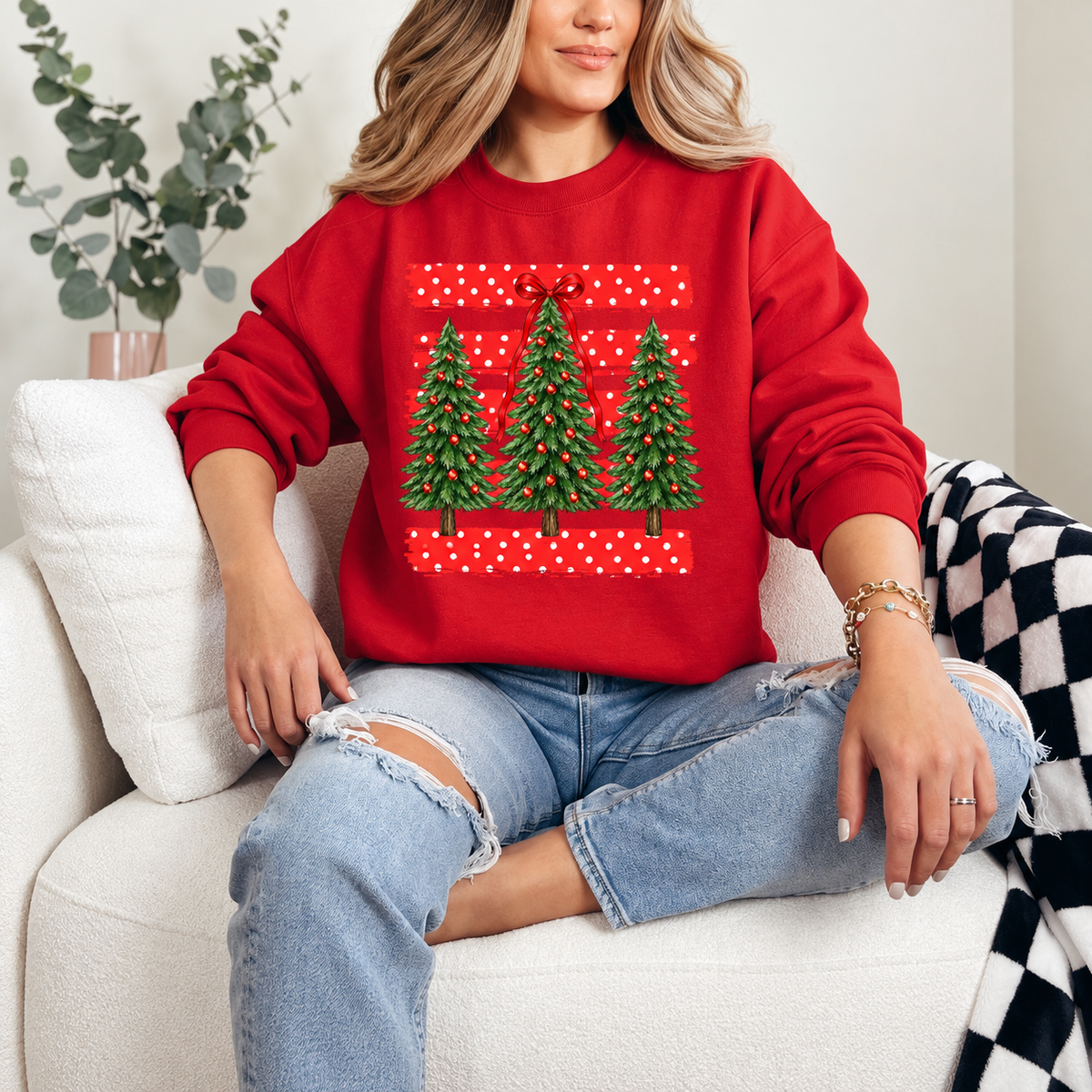 Christmas Tree Trio Red Polka Dots Graphic — Red Crewneck
