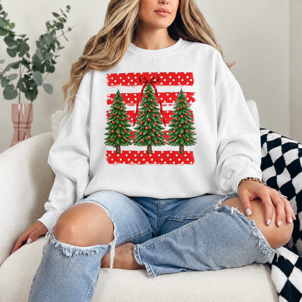 Christmas Tree Trio Red Polka Dots Graphic — White Crewneck