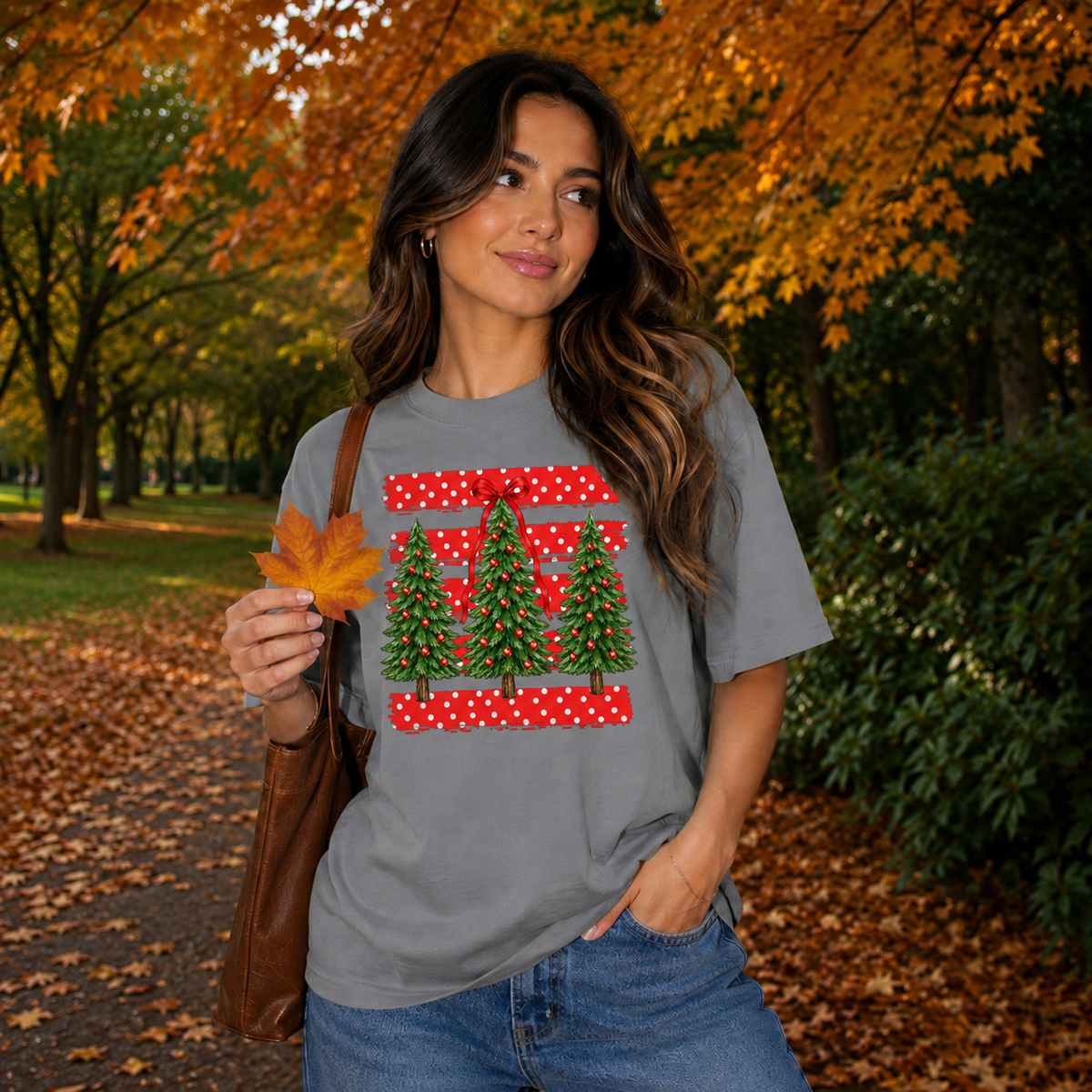 Christmas Tree Trio Red Polka Dots Graphic — Grey T-Shirt