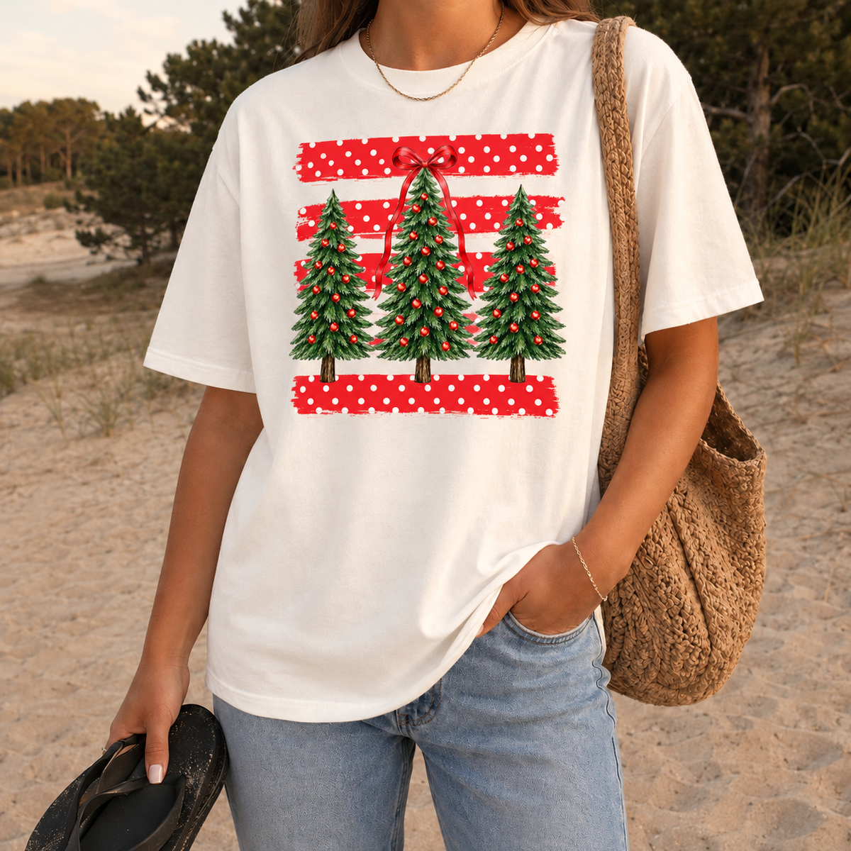 Christmas Tree Trio Red Polka Dots Graphic — Ivory T-Shirt