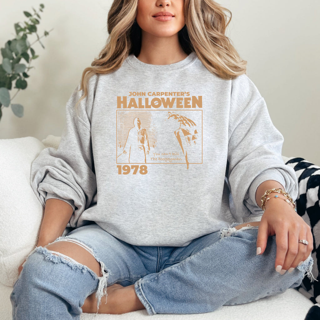 Classic Halloween 1978 Poster Graphic - Ash/Heather Grey Crewneck on model