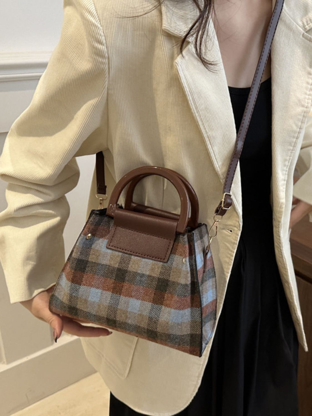 PREORDER: Plaid Perks Trapezoid Shape Crossbody Bag