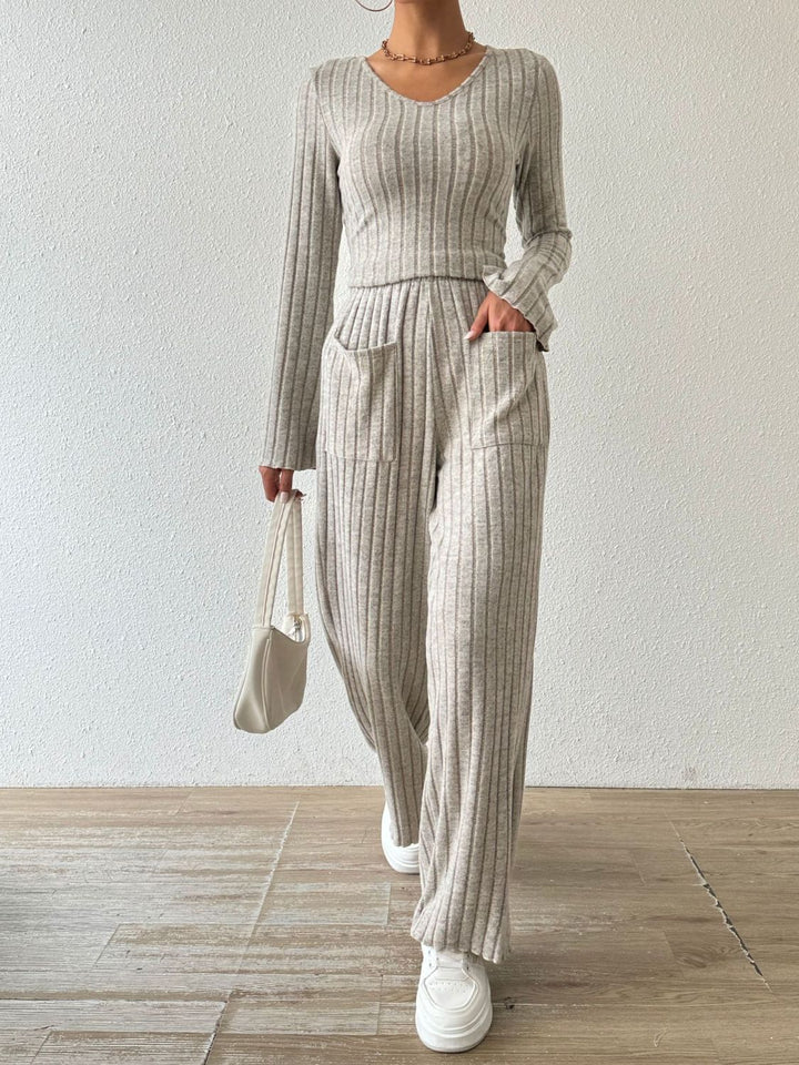 PREORDER: Megan Ribbed V-Neck Long Sleeve Top and Pocketed Pants Set