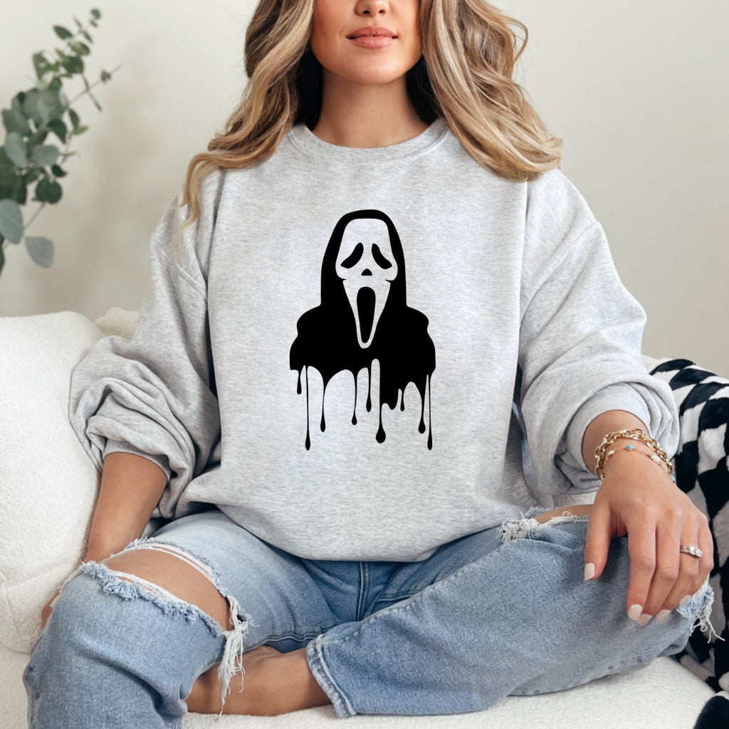 Dripping Ghostface Graphic - Ash/Heather Grey Crewneck on model