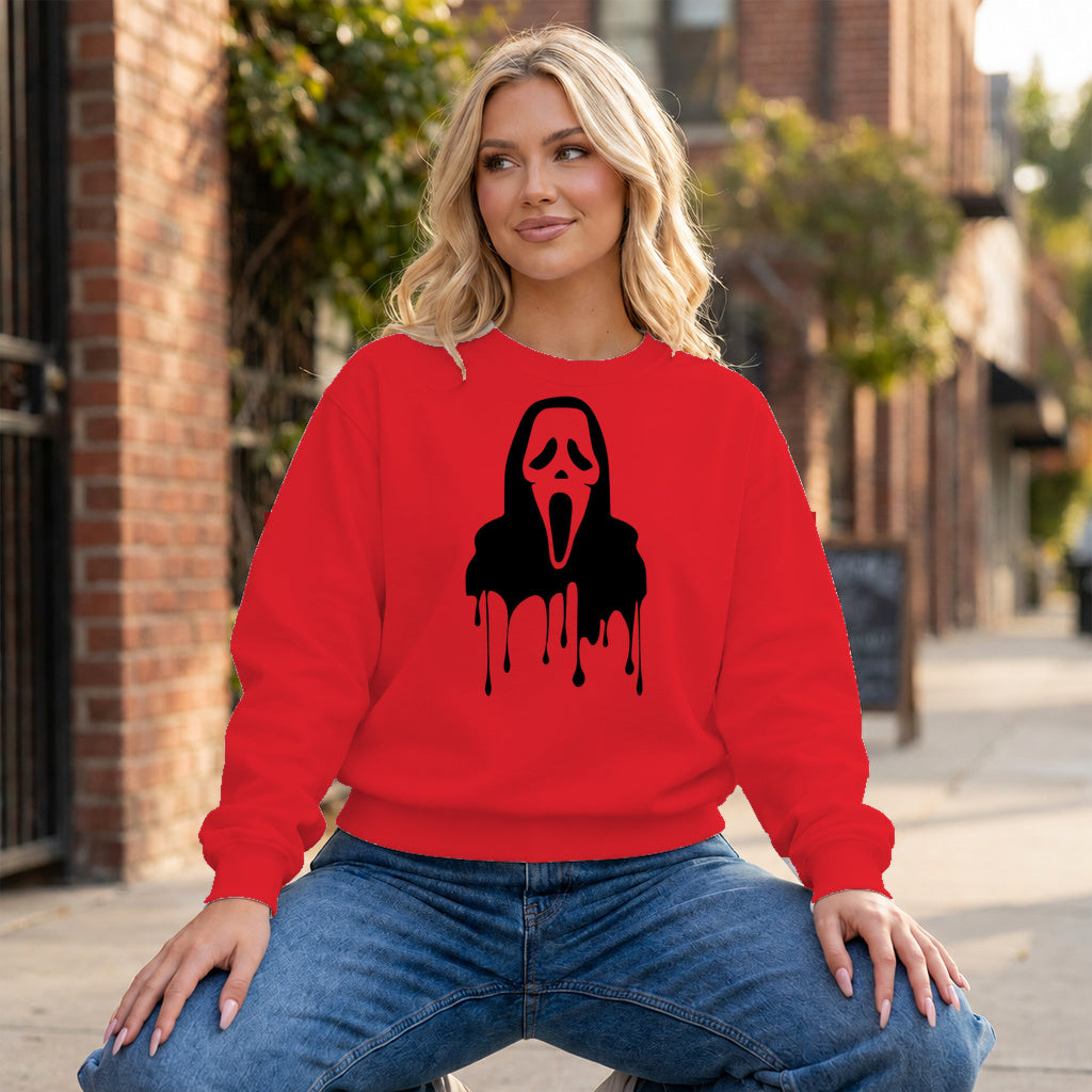 Dripping Ghostface Graphic - Red Crewneck on model