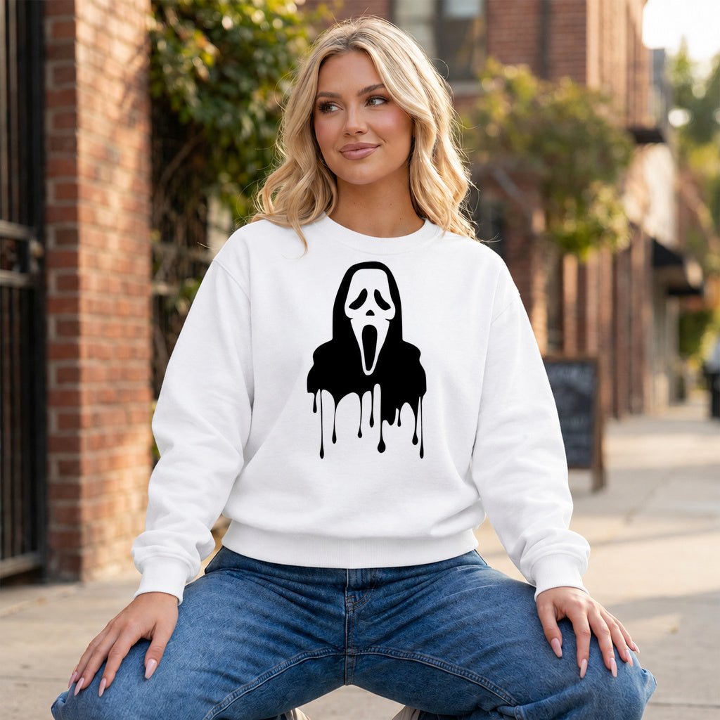Dripping Ghostface Graphic - White Crewneck on model