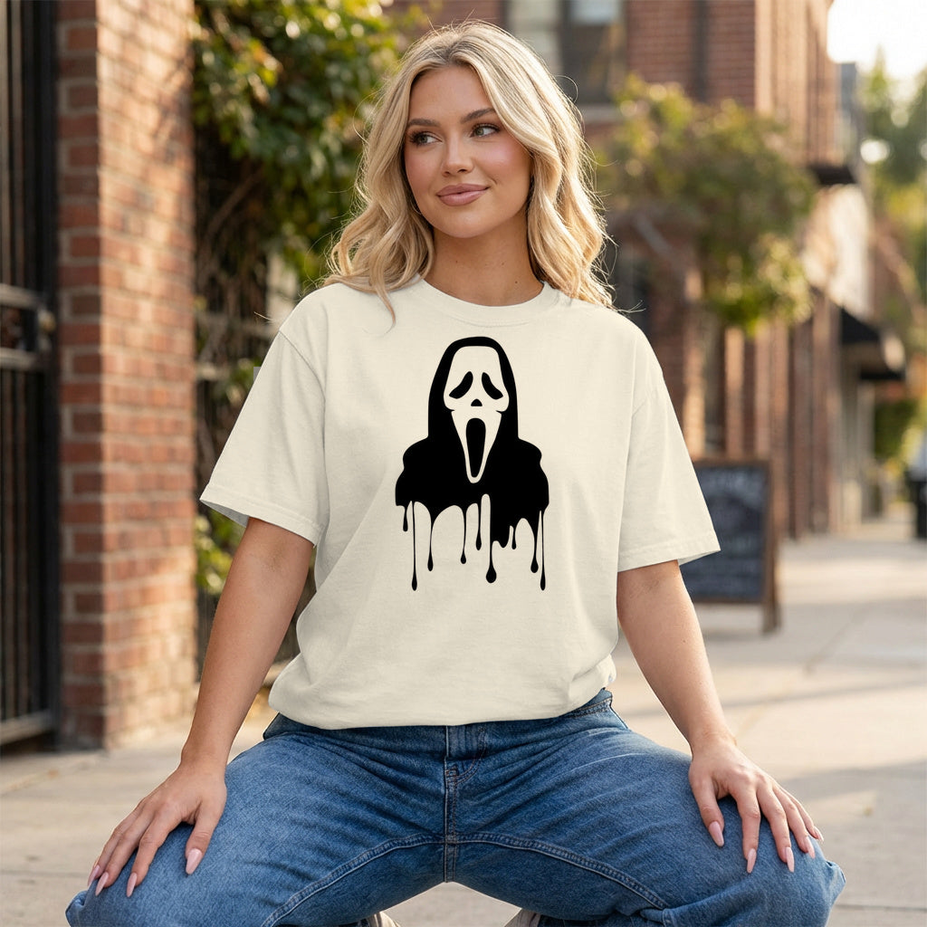 Dripping Ghostface Graphic - Ivory T-Shirt on model
