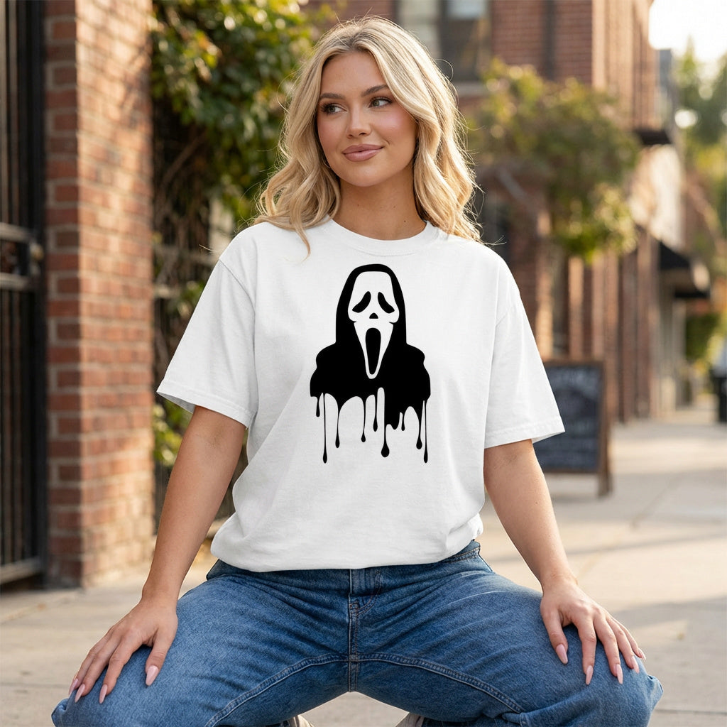 Dripping Ghostface Graphic - White T-Shirt on model